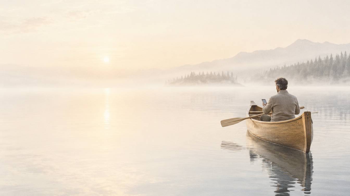 A man in a canoe on a calm, misty lake at sunrise, checking his phone